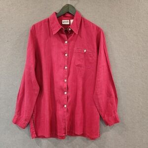 Chico's Design Women's Sz 2 Button Down Shirt‎ 100% Linen Red Breathable